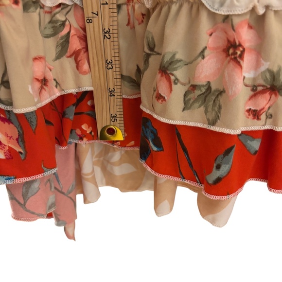Celeste Mixed Floral Patchwork Ruffle Hem Dress Medium orange tan pink boho - Picture 11 of 12